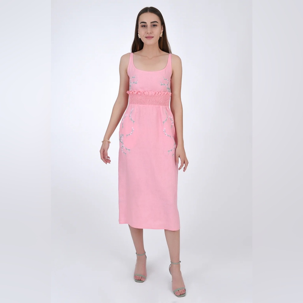 FANM MON Bahar Manmzel Collection Geranium Pink Floral Midi Dress NWT L $350